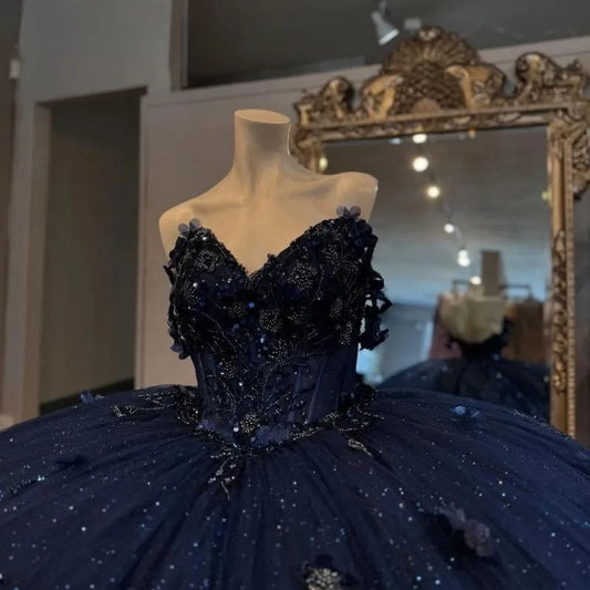 Vestido de fiesta azul marino con tutú, corte A, hombros descubiertos, lentejuelas, tul, largo hasta el suelo, TP2604