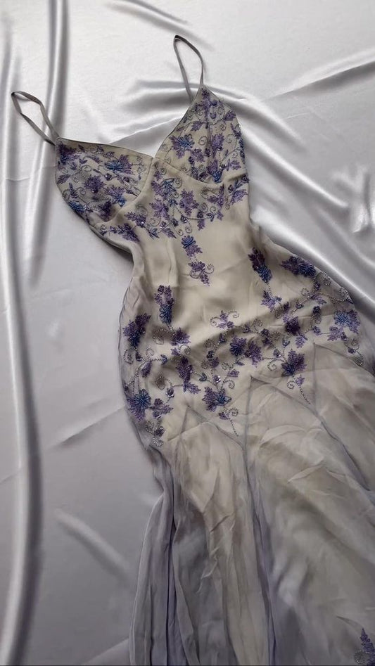 Vestido de noche vintage de gasa con cuentas, sin mangas y sin tirantes, TP2605