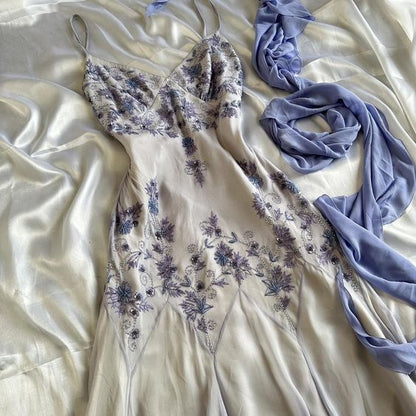 Vestido de noche vintage de gasa con cuentas, sin mangas y sin tirantes, TP2605