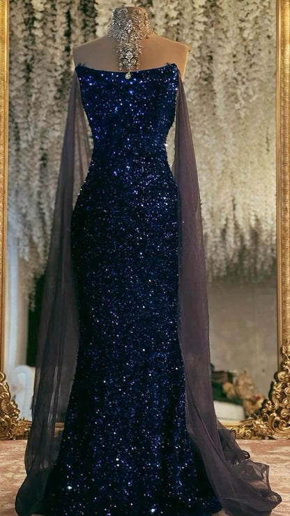 Hermoso vestido de noche azul marino con hombros descubiertos, sin mangas, con lentejuelas y corte sirena, TP2607