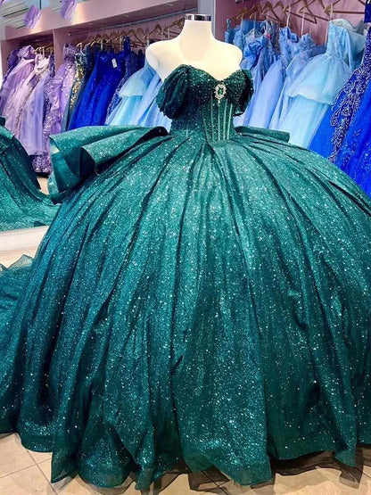 Hermoso vestido de fiesta de princesa con tutú verde, corte A, tirantes y hombros descubiertos, TP2610