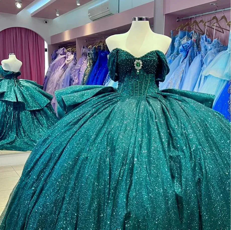 Hermoso vestido de fiesta de princesa con tutú verde, corte A, tirantes y hombros descubiertos, TP2610