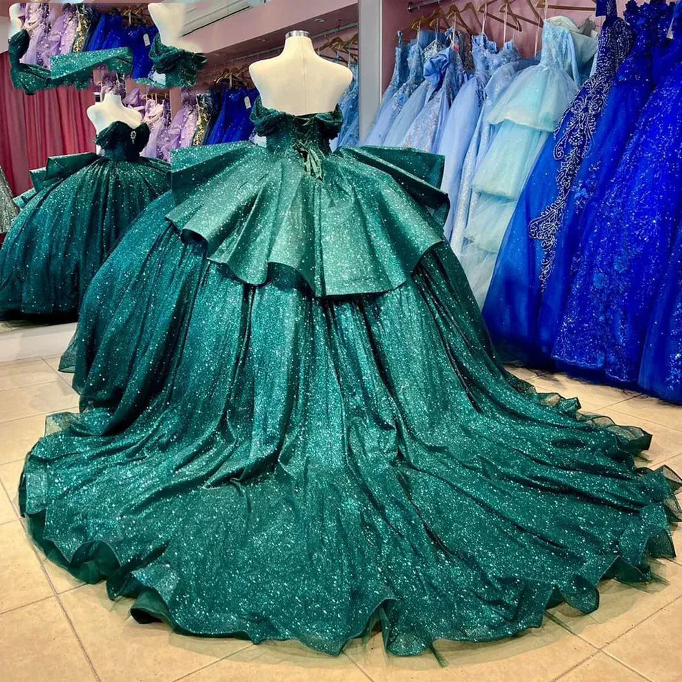 Hermoso vestido de fiesta de princesa con tutú verde, corte A, tirantes y hombros descubiertos, TP2610