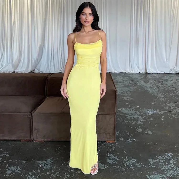 Vestido de fiesta amarillo sencillo con tirantes finos y corte sirena, TP2611