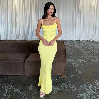 Vestido de fiesta amarillo sencillo con tirantes finos y corte sirena, TP2611