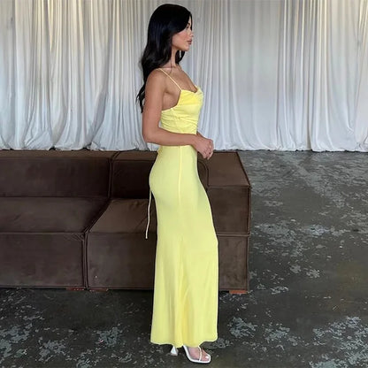 Vestido de fiesta amarillo sencillo con tirantes finos y corte sirena, TP2611