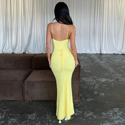 Vestido de fiesta amarillo sencillo con tirantes finos y corte sirena, TP2611