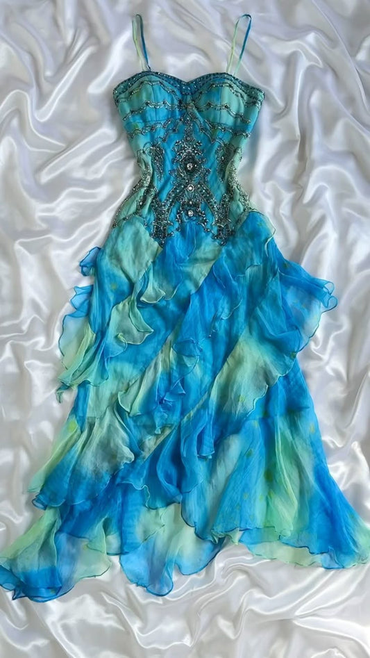 Vestido de noche de gasa con volantes y cuentas, estilo retro, con tirantes en azul degradado, TP2616