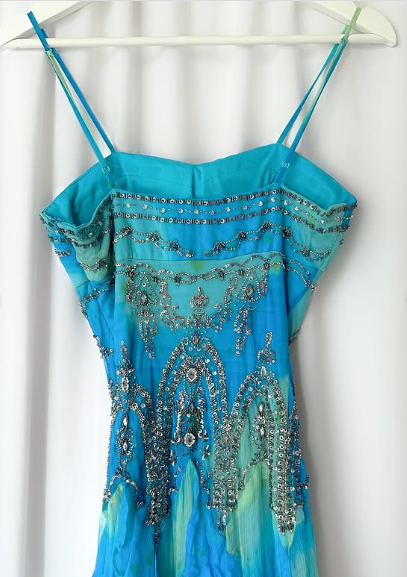 Vestido de noche de gasa con volantes y cuentas, estilo retro, con tirantes en azul degradado, TP2616