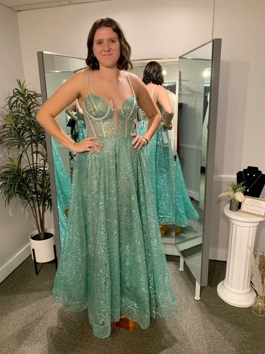 Vestido de noche clásico de corte A con tirantes finos largos, TP2623
