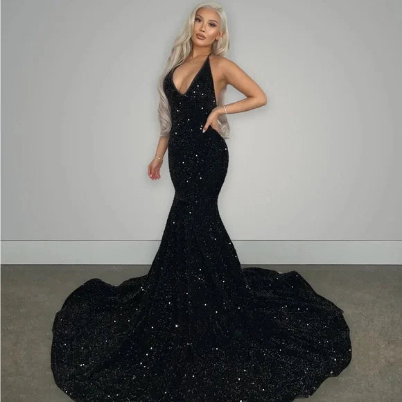 Sexy Black Halter Backless Sequin Mermaid Floor-Mounting Prom Dress Evening Dress TP2625