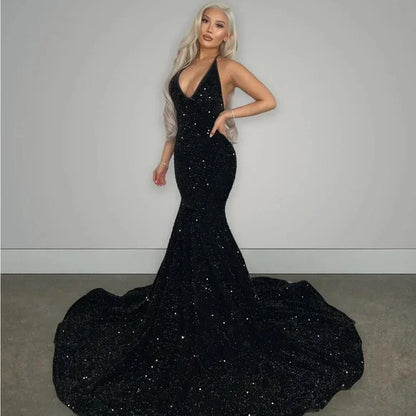 Sexy Black Halter Backless Sequin Mermaid Floor-Mounting Prom Dress Evening Dress TP2625