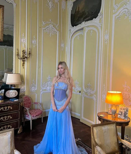Elegant A-Line Strapless Beaded Chiffon Long Prom Dress Evening Gown TP2627