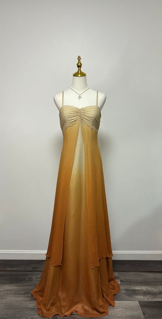 Vestido de fiesta largo vintage de gasa con tirantes finos y cuentas, corte en A, TP2628