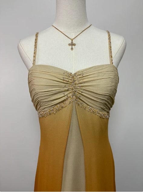 Vestido de fiesta largo vintage de gasa con tirantes finos y cuentas, corte en A, TP2628
