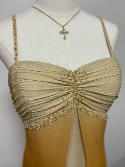 Vestido de fiesta largo vintage de gasa con tirantes finos y cuentas, corte en A, TP2628