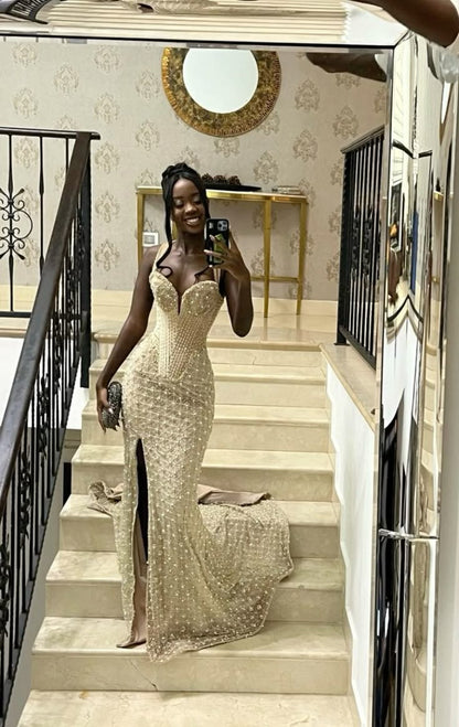 Gorgeous Ivory Sleeveless Slit Mermaid Floor-Mounting Prom Dress Evening Dress TP2629