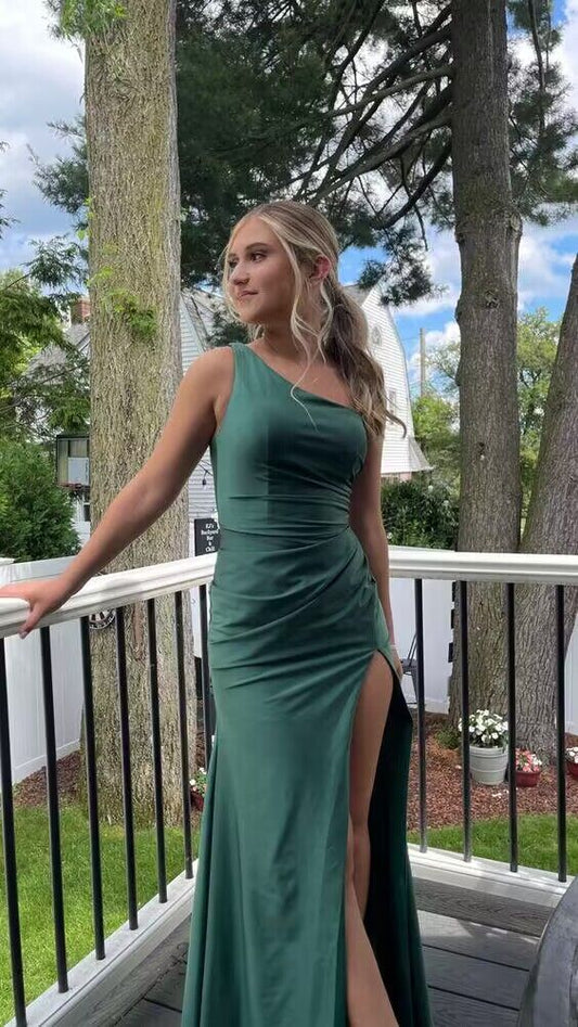 Vestido de fiesta de sirena con abertura alta y un hombro de satén verde, vestido de dama de honor TP2642