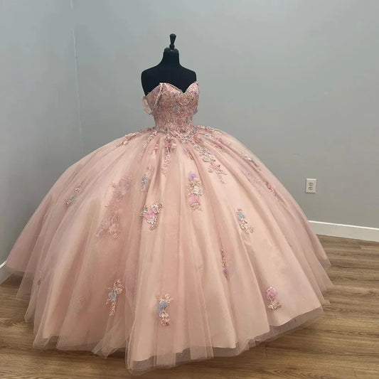 Vestido de princesa rosa dulce, corte A, hombros descubiertos, tul, vestido formal de fiesta TP2643