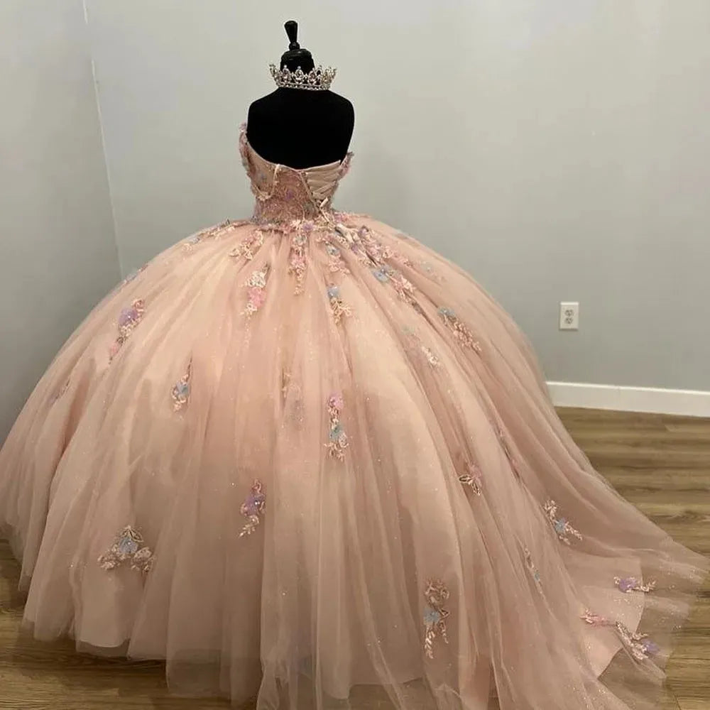 Vestido de princesa rosa dulce, corte A, hombros descubiertos, tul, vestido formal de fiesta TP2643
