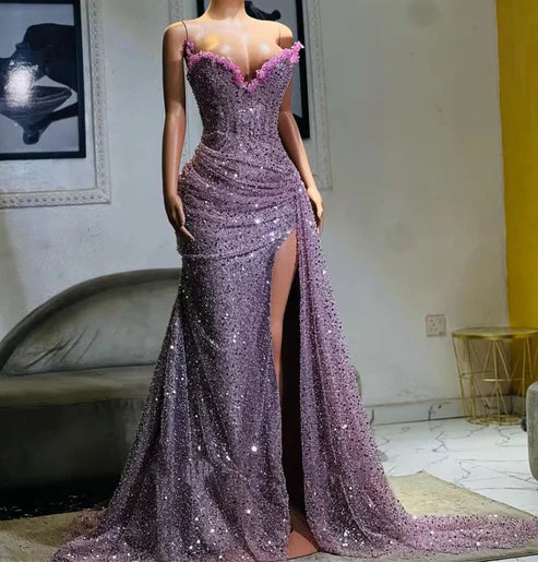 Charming Purple Off-the-shoulder V-neck Beaded Sequined Slit Prom Dress Evening Dress TP2651