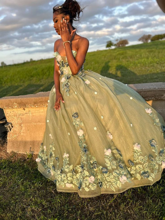 Vestido de fiesta verde sin mangas con flores 3D, corte A, estilo princesa, TP2656
