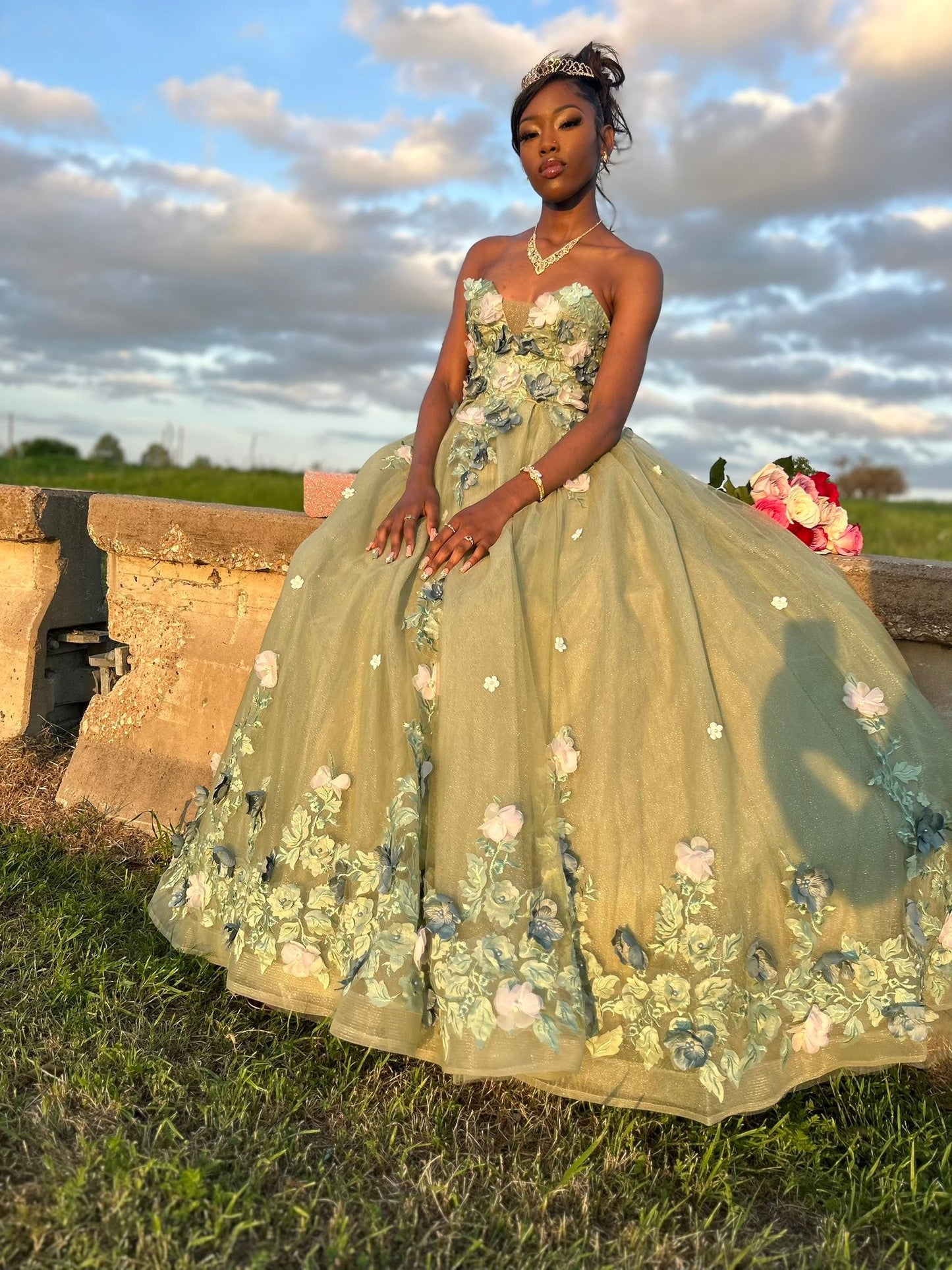 Cute Green Sleeveless 3D Flower A-Line Prom Dress Princess Dress TP2656