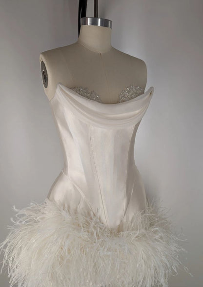 Elegant White Satin Off Shoulder Feather A-Line Mini Party Dress Homecoming Dress TP2657