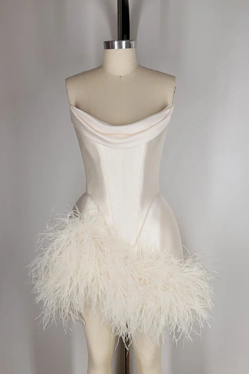 Elegant White Satin Off Shoulder Feather A-Line Mini Party Dress Homecoming Dress TP2657
