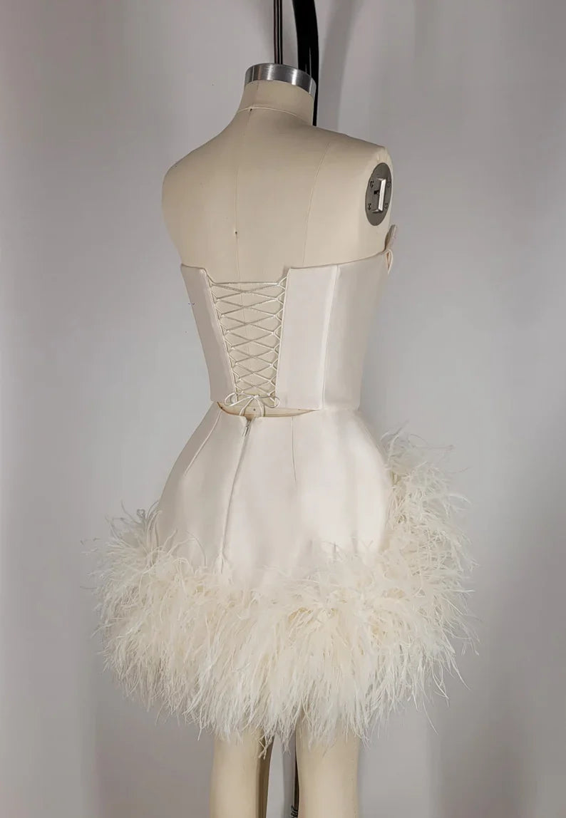 Elegant White Satin Off Shoulder Feather A-Line Mini Party Dress Homecoming Dress TP2657