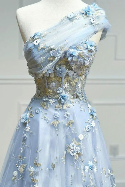 Hermoso vestido de noche largo de tul con flores, escote corazón y sin tirantes, corte A, color azul claro, para fiesta de graduación, TP2659