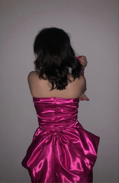 Sweet Hot Pink Strapless Satin Bow Short Party Dress Homecoming Dress Sleeveless TP2665