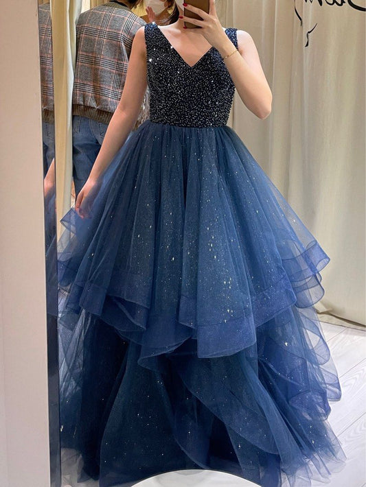 Elegante vestido de noche azul marino de corte A, sin mangas, de tul brillante, largo, TP2668