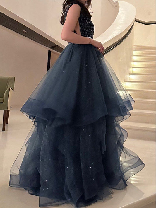 Elegante vestido de noche azul marino de corte A, sin mangas, de tul brillante, largo, TP2668