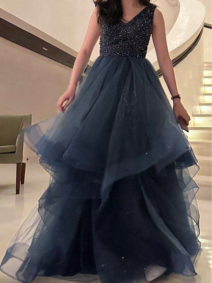 Elegante vestido de noche azul marino de corte A, sin mangas, de tul brillante, largo, TP2668