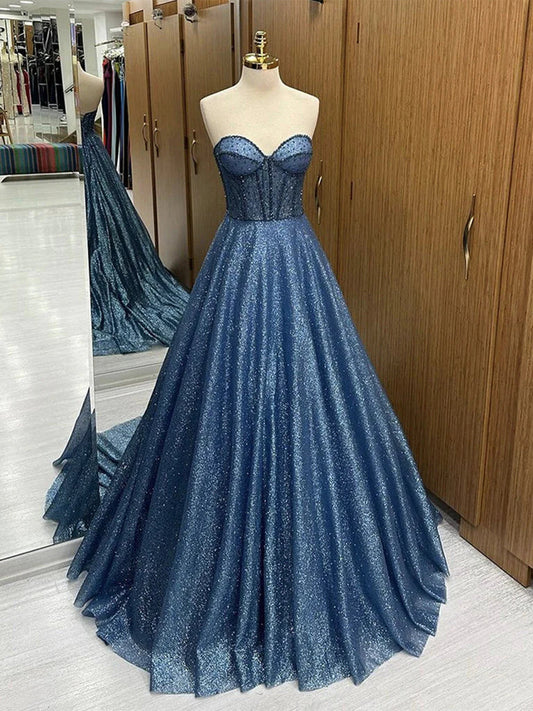 Elegante vestido de noche azul marino de corte A, sin tirantes, con escote corazón, largo y formal, TP2669