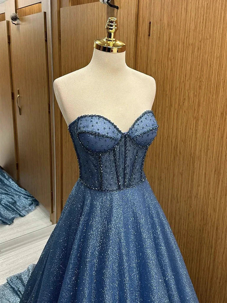 Elegante vestido de noche azul marino de corte A, sin tirantes, con escote corazón, largo y formal, TP2669