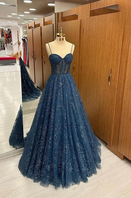 Elegante vestido de noche azul marino con tirantes finos, sin mangas, largo y brillante, TP2670