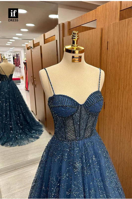Elegante vestido de noche azul marino con tirantes finos, sin mangas, largo y brillante, TP2670