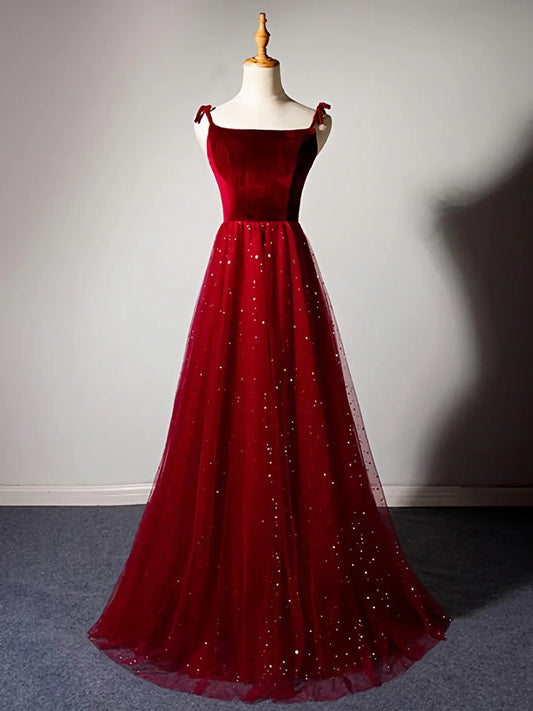 Elegante vestido de noche burdeos sin tirantes, corte A, de terciopelo y tul, largo, TP2672