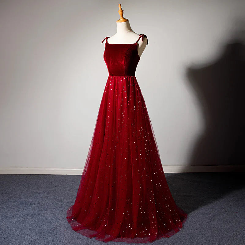 Elegante vestido de noche burdeos sin tirantes, corte A, de terciopelo y tul, largo, TP2672