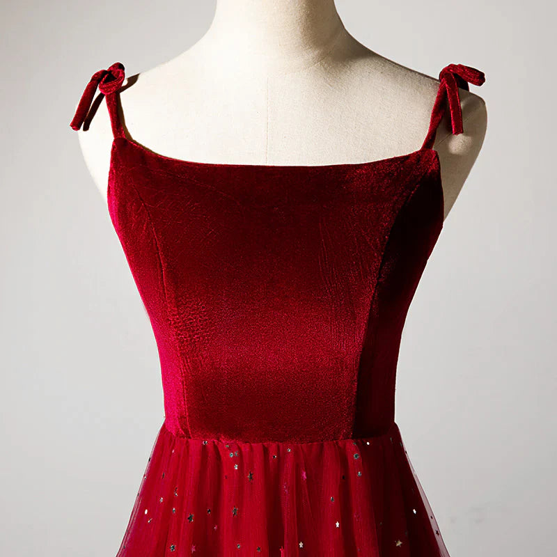 Elegante vestido de noche burdeos sin tirantes, corte A, de terciopelo y tul, largo, TP2672