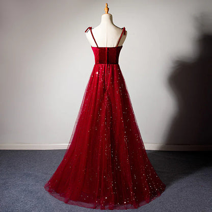 Elegante vestido de noche burdeos sin tirantes, corte A, de terciopelo y tul, largo, TP2672