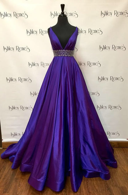 Elegante vestido de noche morado con escote en V profundo, sin mangas, corte A, de satén, largo, con abertura, TP2674