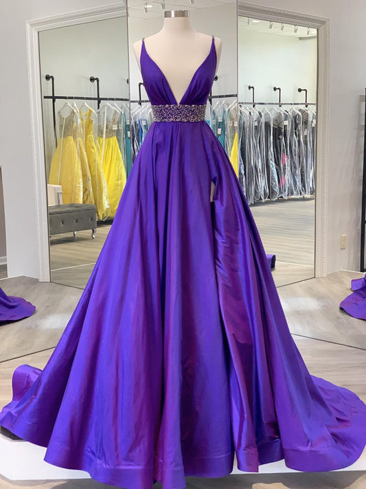 Elegante vestido de noche morado con escote en V profundo, sin mangas, corte A, de satén, largo, con abertura, TP2674