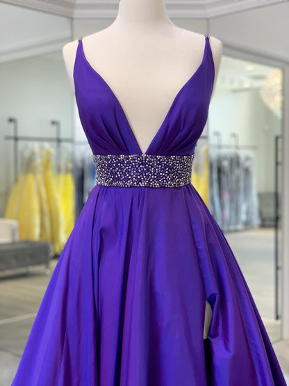 Elegante vestido de noche morado con escote en V profundo, sin mangas, corte A, de satén, largo, con abertura, TP2674