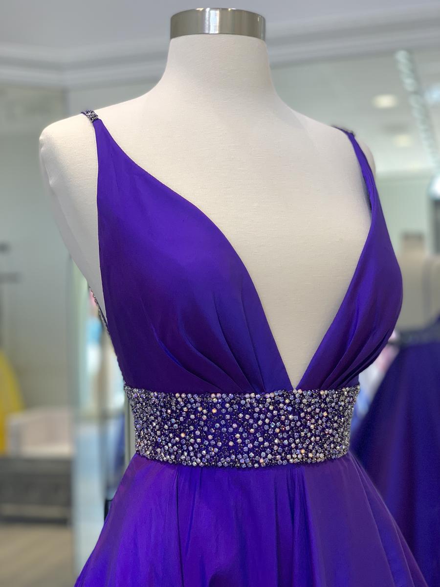 Elegante vestido de noche morado con escote en V profundo, sin mangas, corte A, de satén, largo, con abertura, TP2674