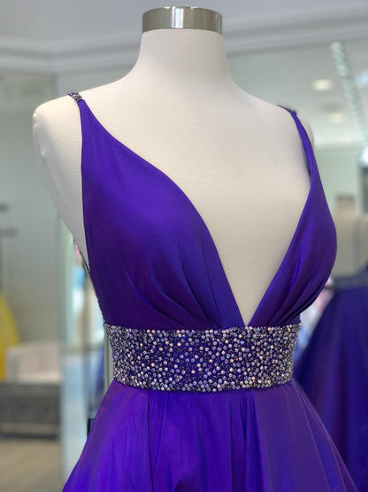 Elegante vestido de noche morado con escote en V profundo, sin mangas, corte A, de satén, largo, con abertura, TP2674