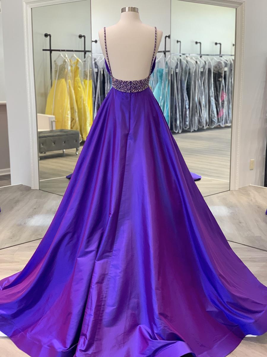 Elegante vestido de noche morado con escote en V profundo, sin mangas, corte A, de satén, largo, con abertura, TP2674
