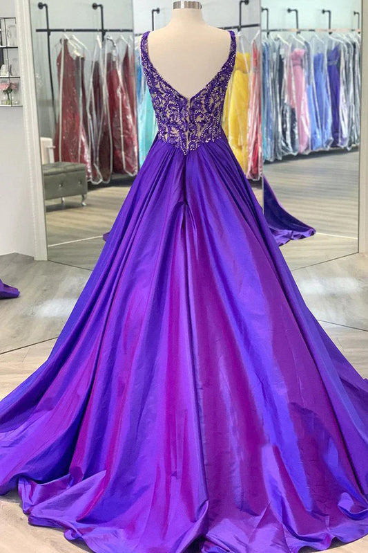 Vestido de fiesta retro morado con escote en V, sin mangas, corte A, vestido de noche TP2675